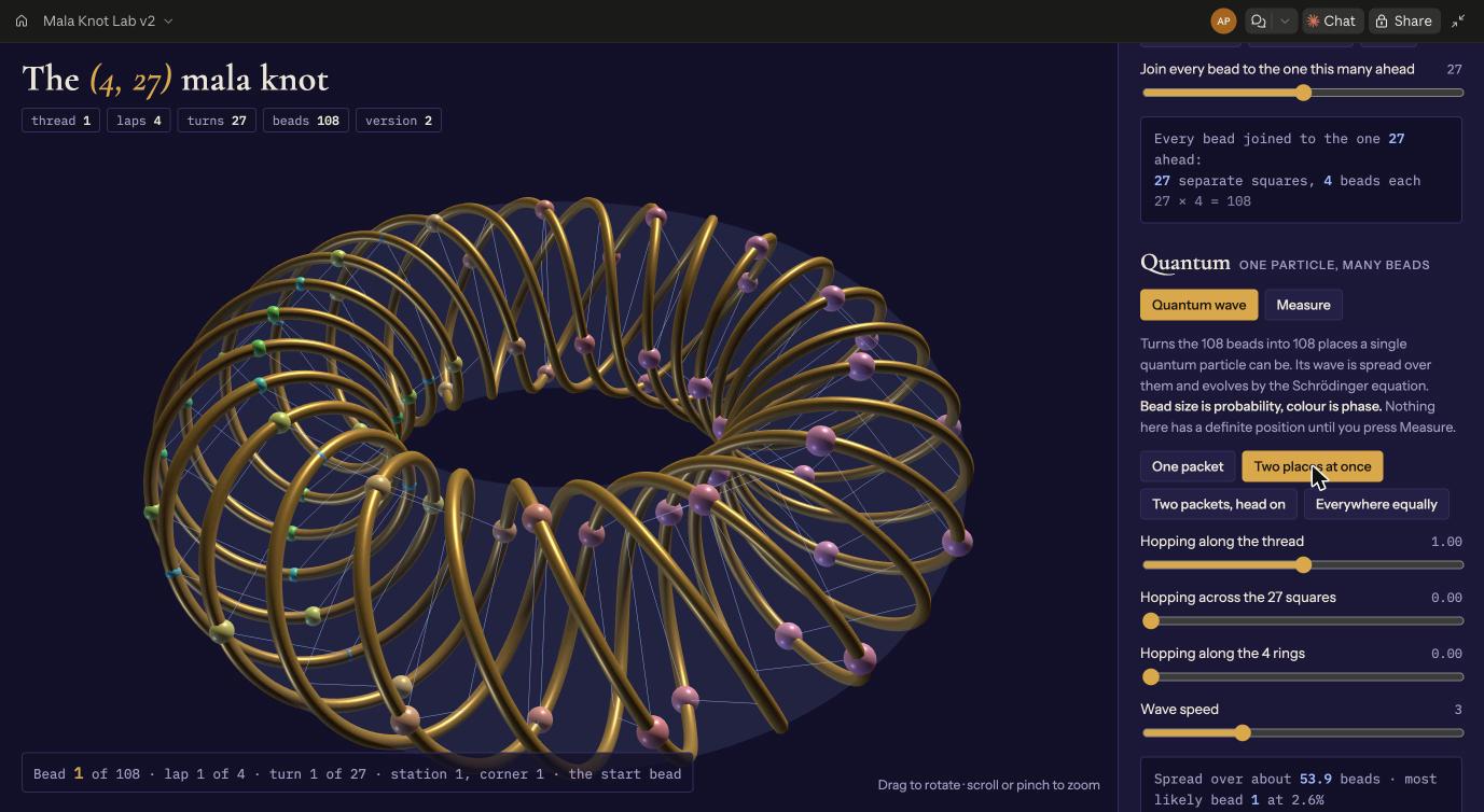 The lab in quantum mode: bead size shows probability and bead colour shows phase, with the wave in two places at once.