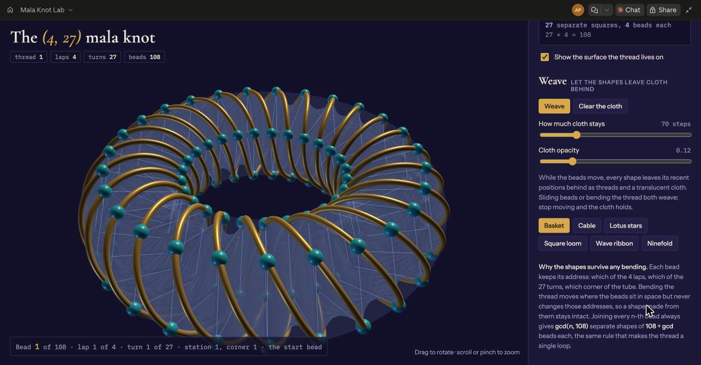 The Basket weave: torus, every 27th bead, with the shapes leaving cloth behind as the beads flow.