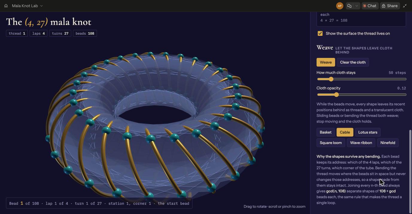 The Cable weave: torus, every 4th bead, with the shapes leaving cloth behind as the beads flow.